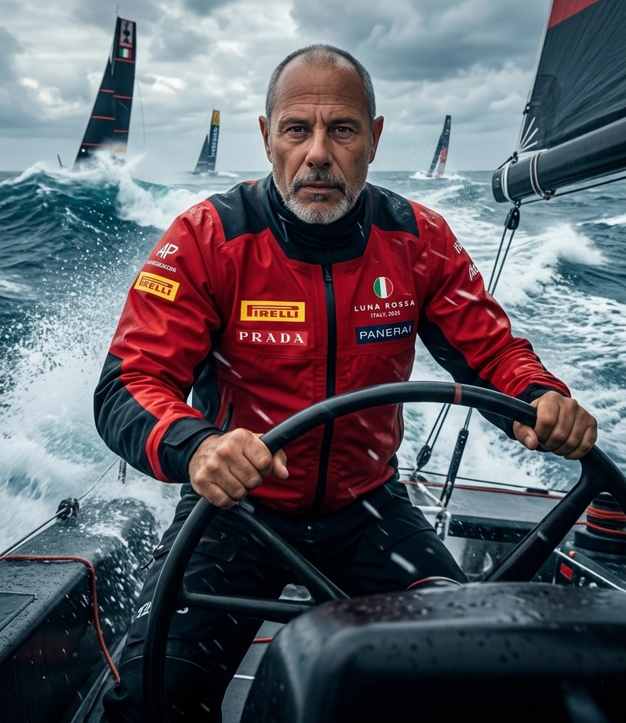 Мускулистый мужчина управляет гоночной яхтой Luna Rossa в шторм