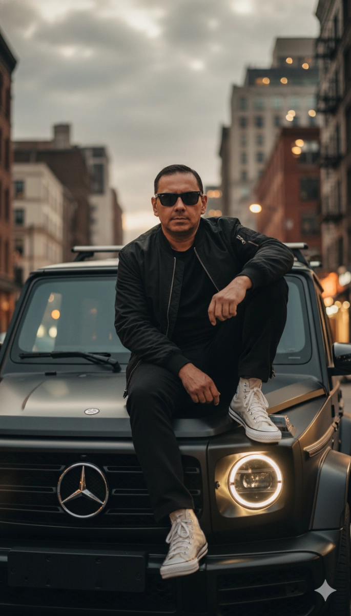 Человек на крыше Mercedes G63 в стиле заката