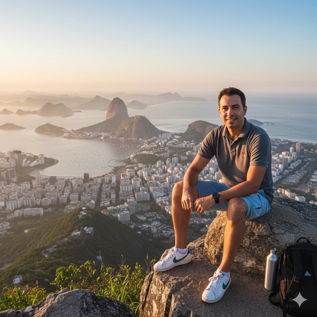 Man in graphite polo on Corcovado rock at Rio sunrise