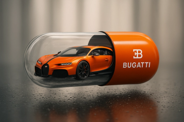 Гиперреалистичный постер с плавающей таблеткой-капсулой и моделью Bugatti Chiron внутри