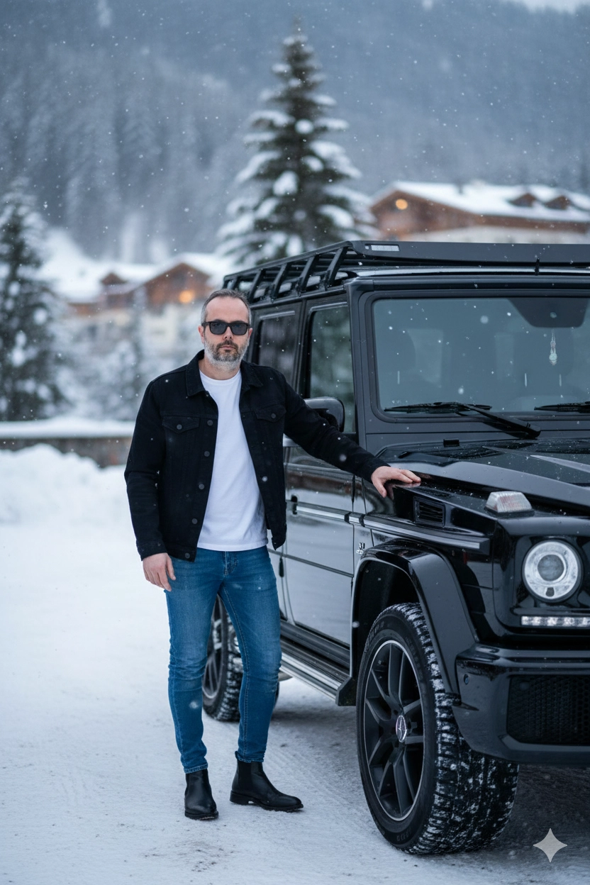 Реалистичный портрет молодого человека в чёрном у чёрного Mercedes-Benz G-Wagon на горнолы