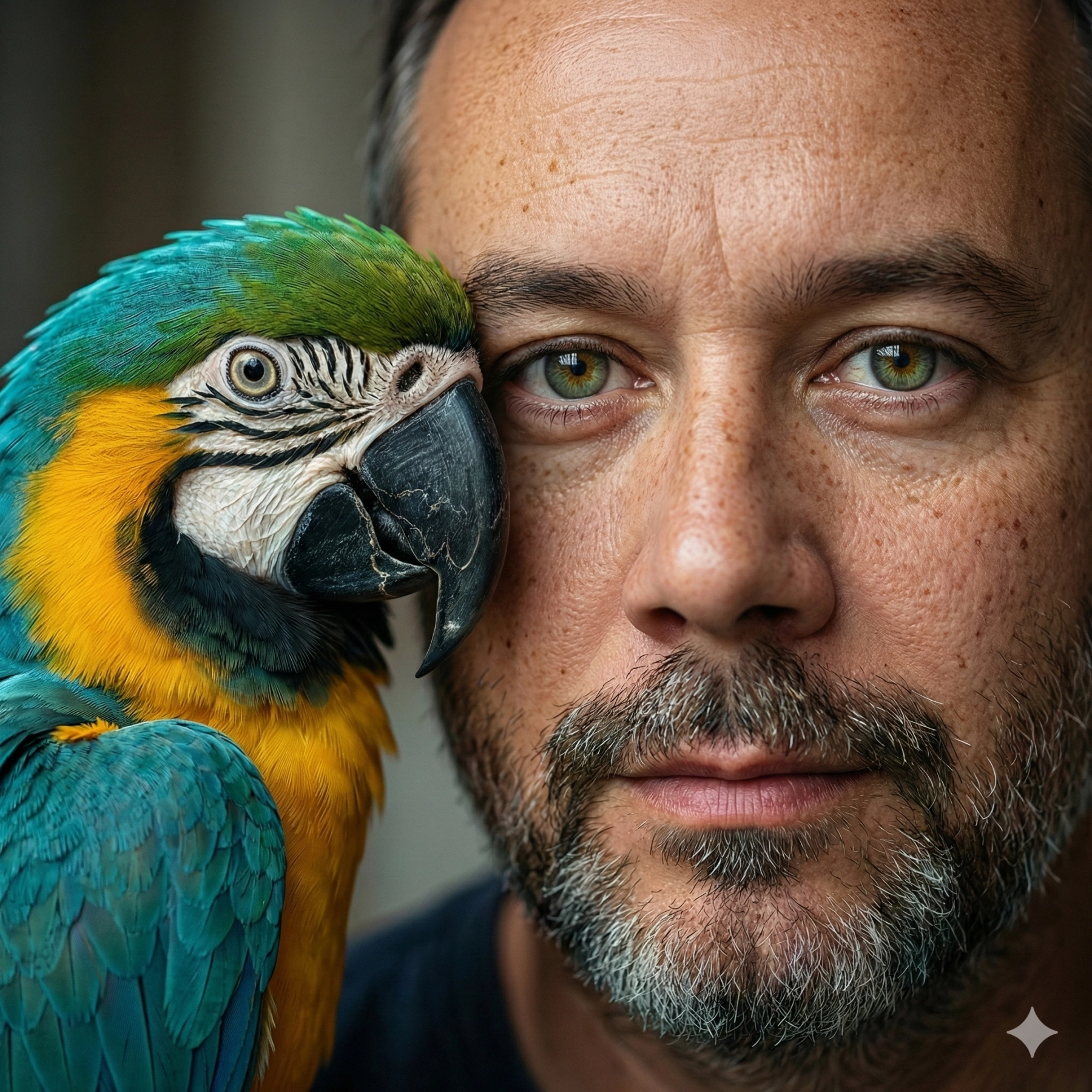 Крупный план мужчины с веснушками и попугаем ара