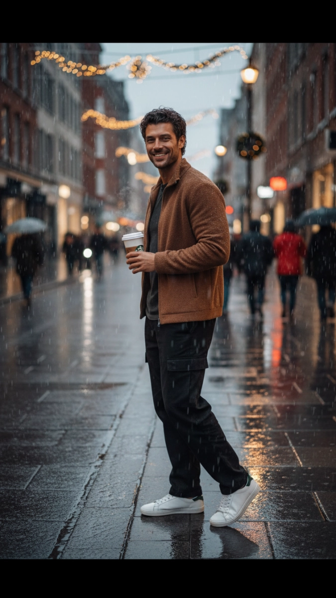 Мужчина у фонаря с кофе Starbucks