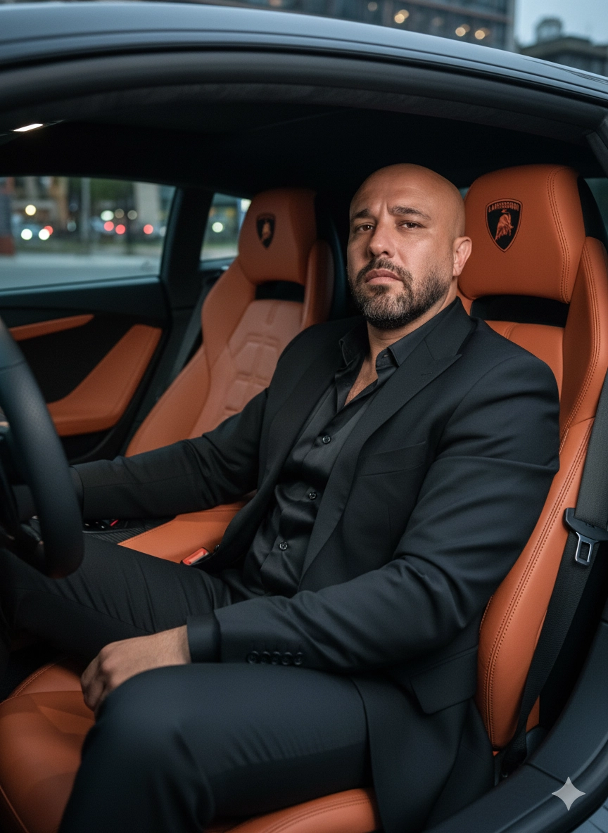 Мужчина на водительском сиденье Lamborghini с красной прострочкой