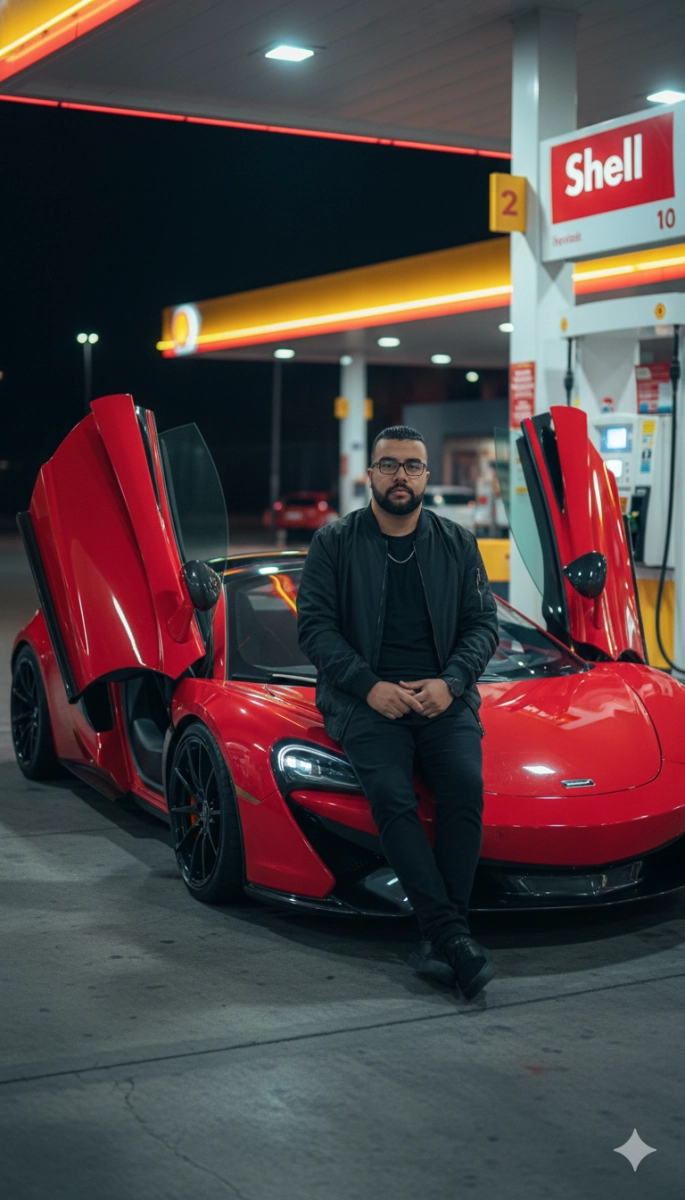 Стильный юноша у красного McLaren на АЗС Shell ночью