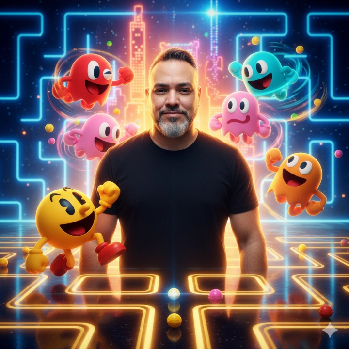 Молодой человек в центре неонового лабиринта Pac-Man с дружелюбными призраками