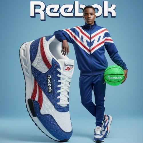 Афроамериканец в костюме Reebok с гигантской кроссовкой