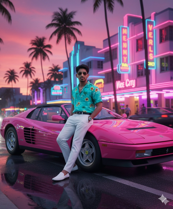 Молодой человек в образе ГТА: Vice City у Neon Miami