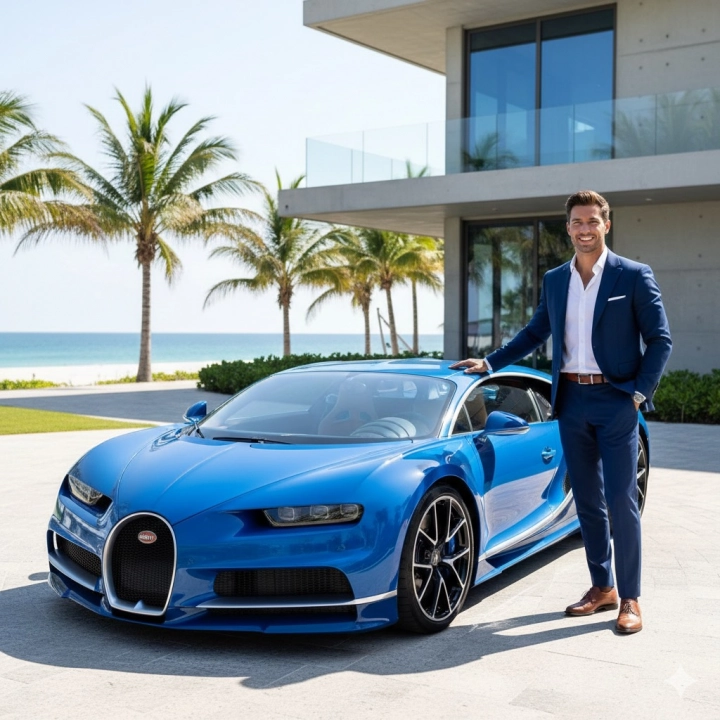 Красивый мужчина рядом с блестящим Bugatti Chiron на солнце