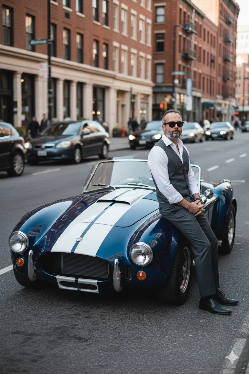 Мужчина в классическом костюме на капоте Shelby Cobra на городской улице