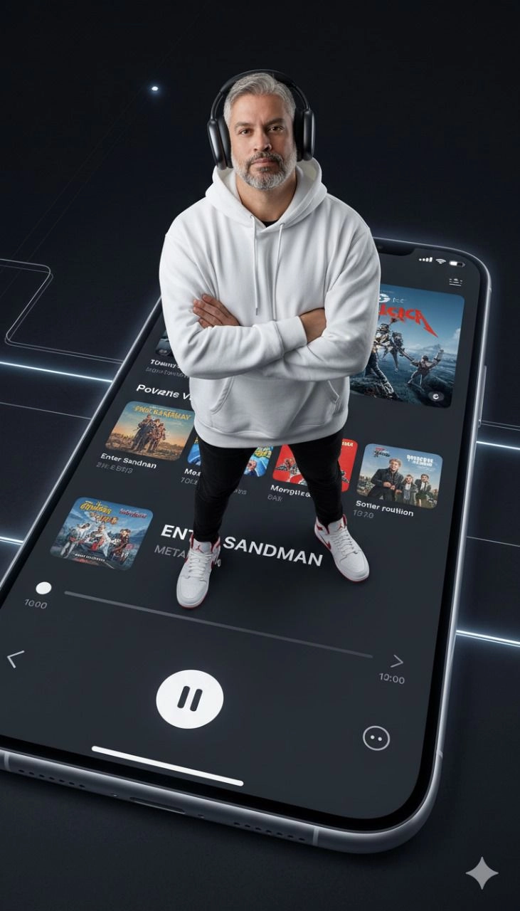 Мужчина у iPhone 16 в AirPods Max и худи