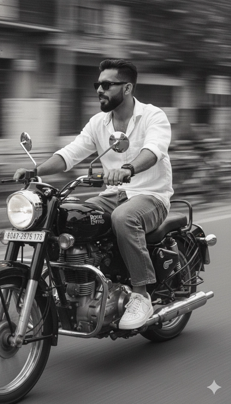 Молодой человек на Royal Enfield Thunderbird 350 в черно-белом стиле