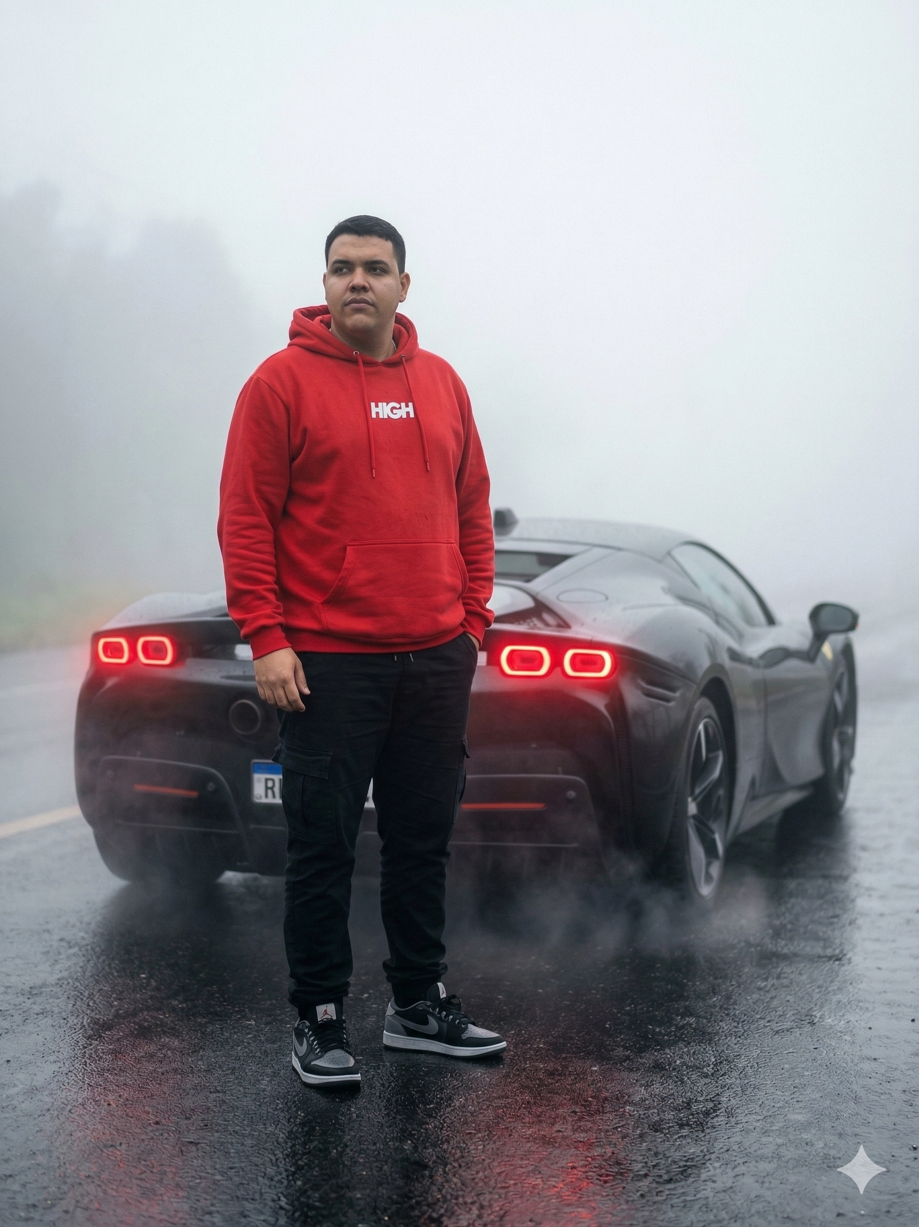 Человек у чёрного Ferrari в тумане