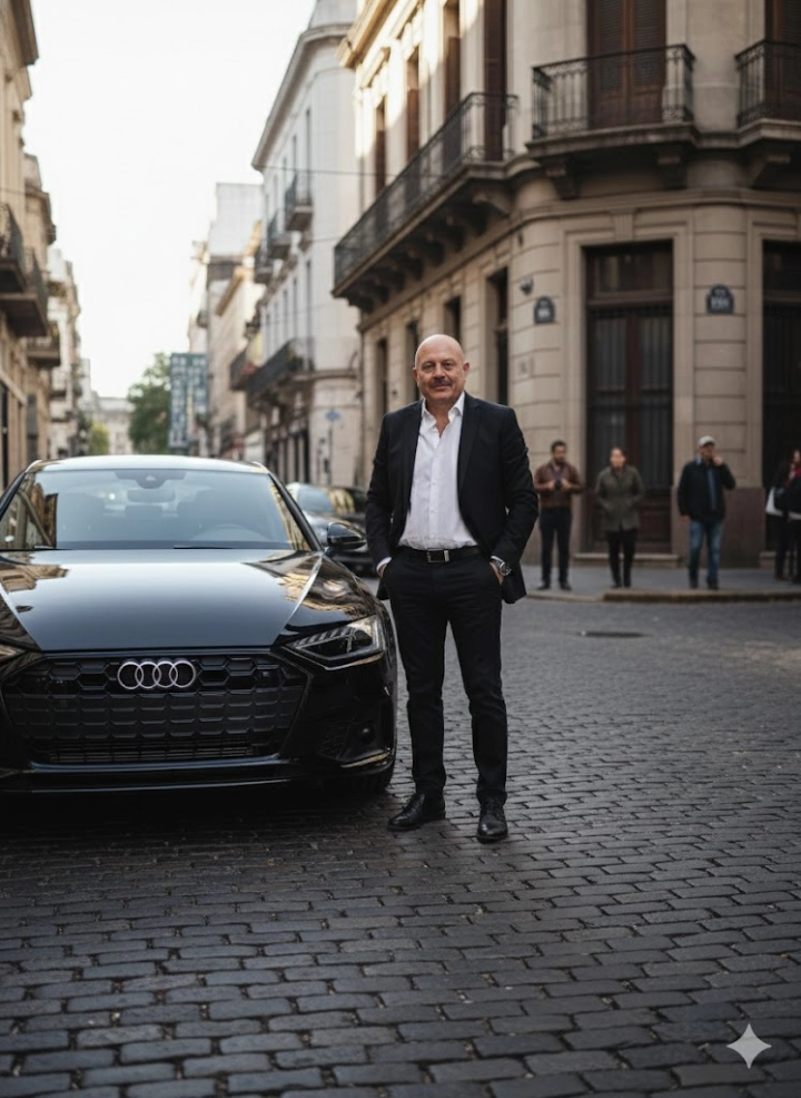 Человек у чёрного Audi A5 на мостовой Сан-Тельмо