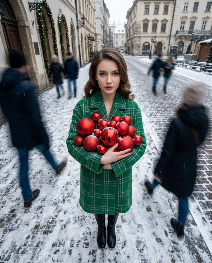 Женщина с ёлочными шарами на снежной улице