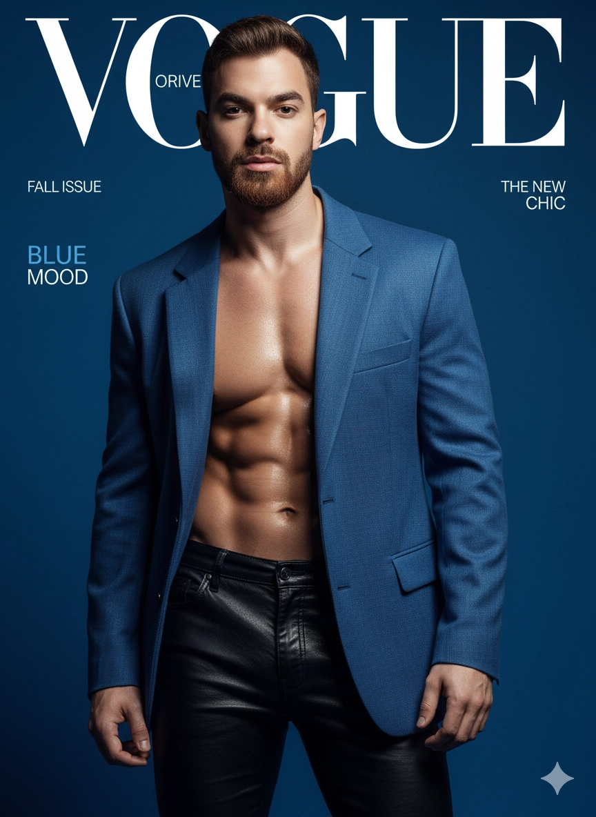 Мужчина в синем блейзере для обложки VOGUE