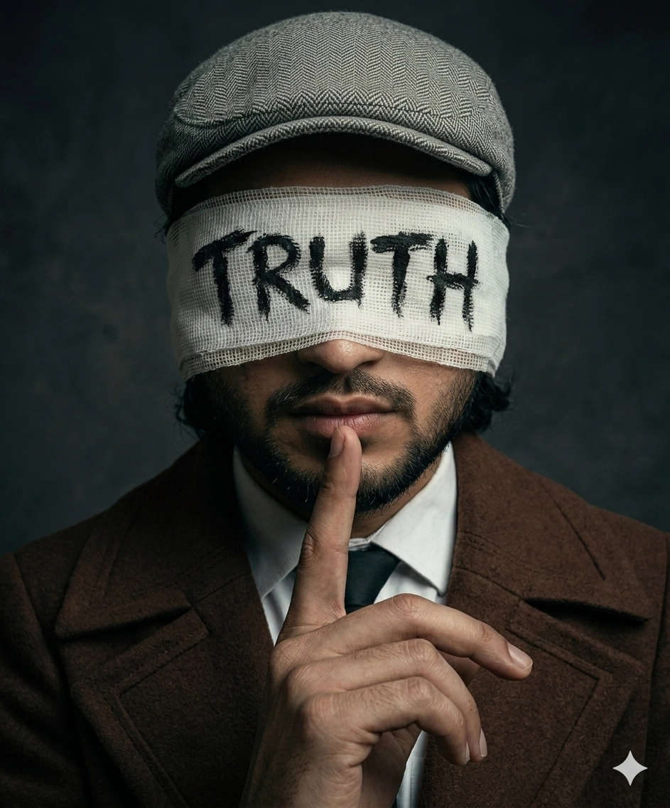 Мужчина в пальто с повязкой TRUTH на глаза и жестом шш