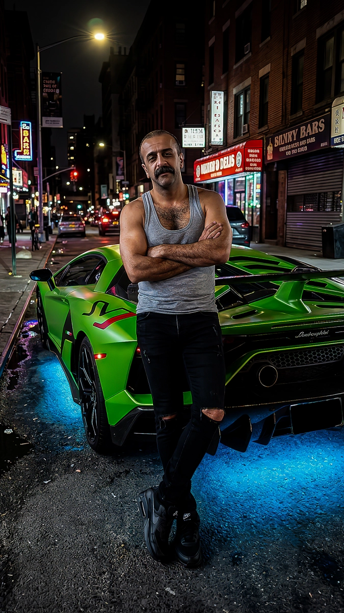 Подтянутый мужчина в джинсах и кроссовках возле зелёного Lamborghini в тёмном переулке Нью