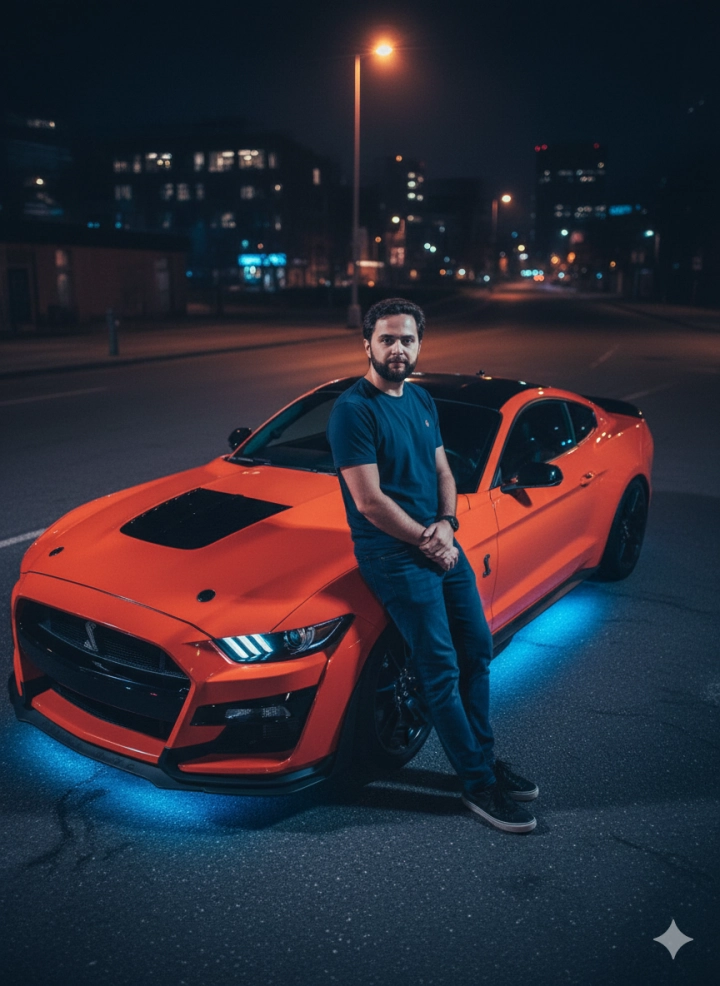Мужчина у оранжевого Ford Mustang Shelby GT500 с неоновым подсветом ночью