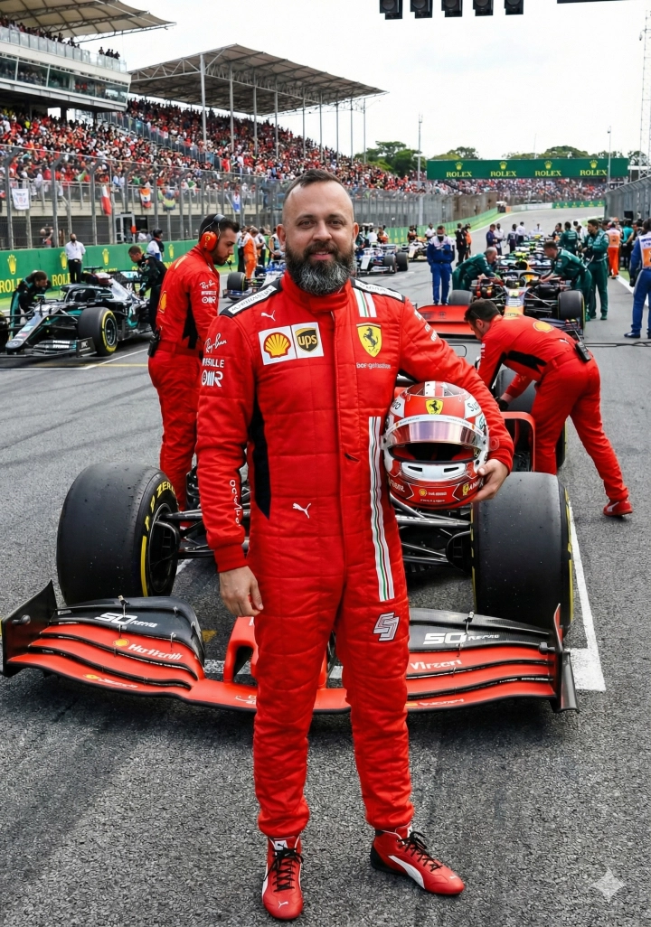 Мужчина в форме пилота Ferrari F1 с шлемом в руке на гоночном гриде рядом с болидом