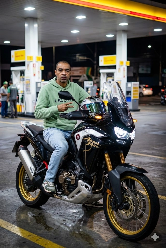 Молодой мужчина на Honda Africa Twin ночью на заправке