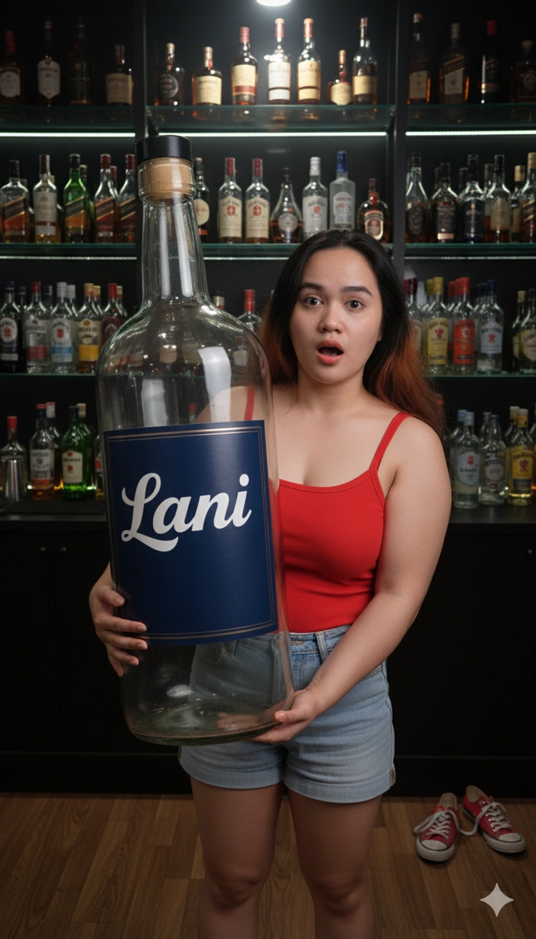 Девушка в красной топе и джинсах с бутылкой Lani