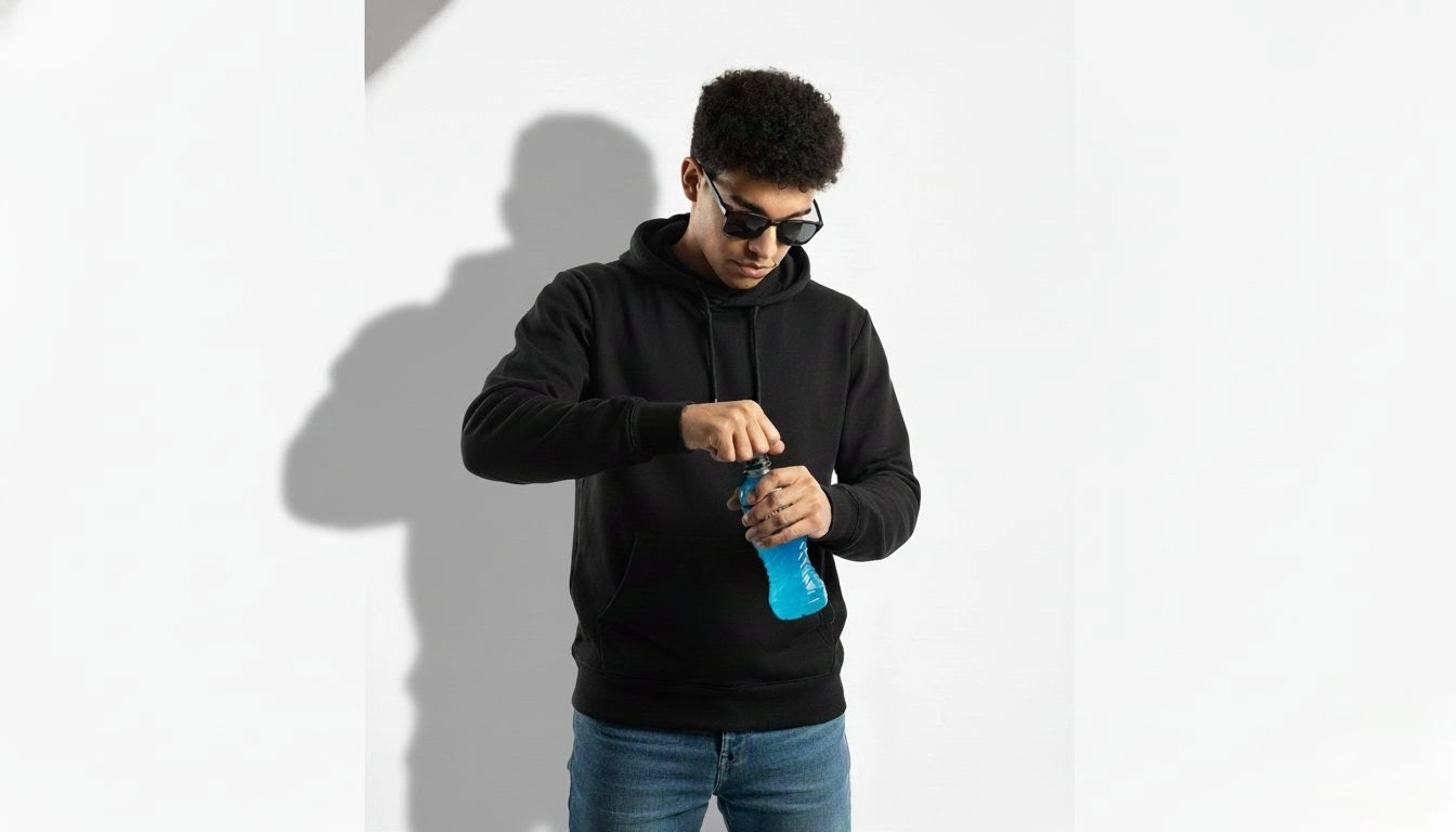 Мужчина открывает синюю бутылку Powerade