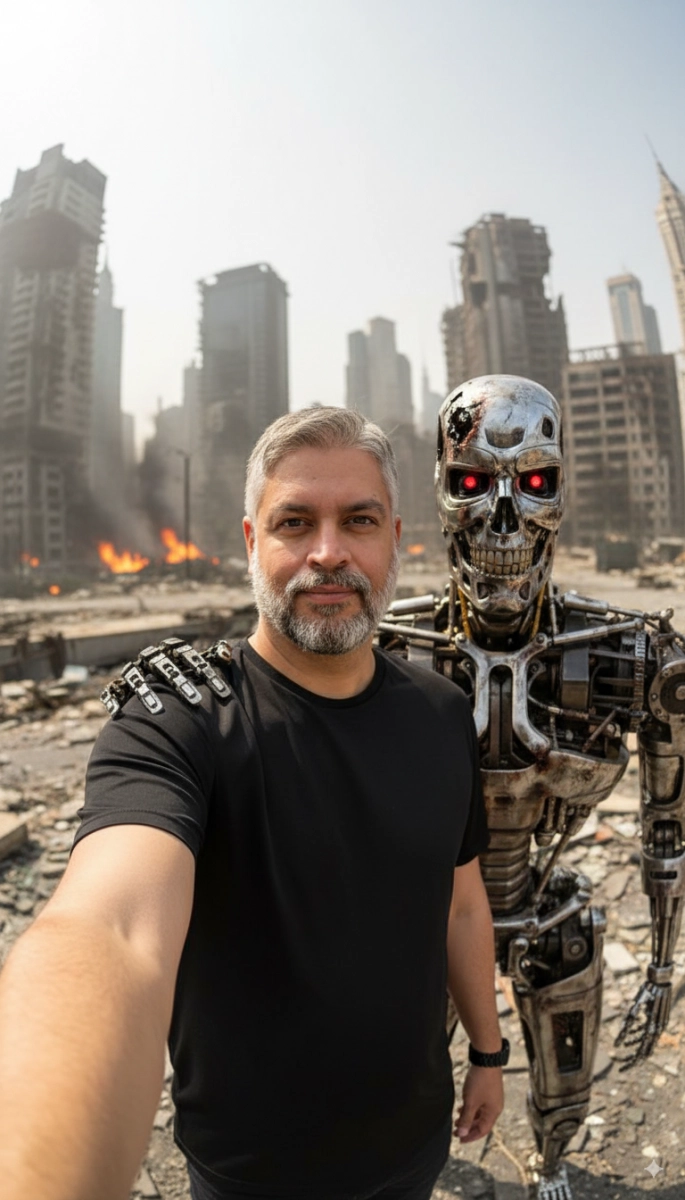 Мужчина с роботом T-800 в стиле селфи с iPhone