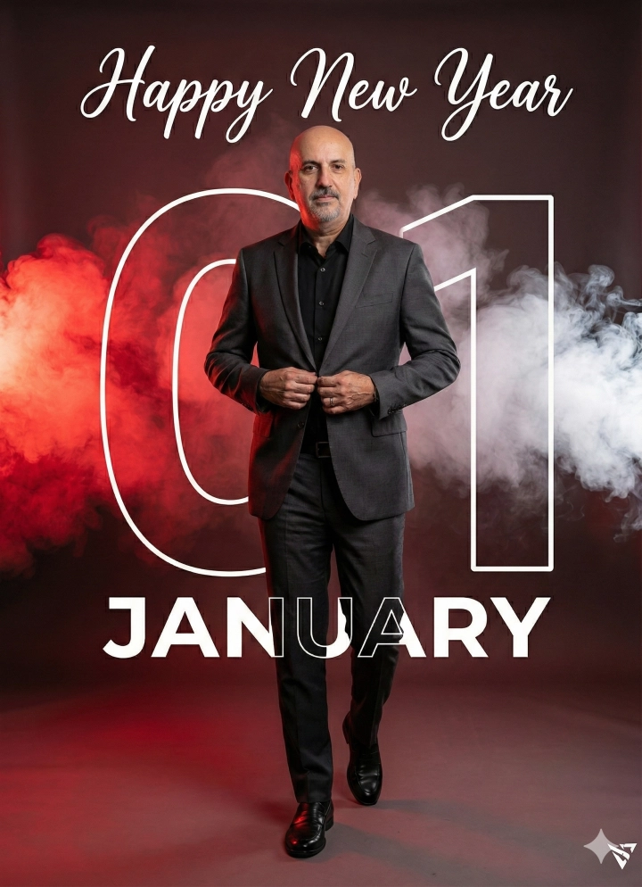 Стильный мужчина в чёрных лоферах с надписью Happy New Year и числом 01 на фоне