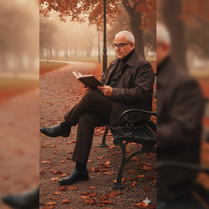 Человек читает книгу на парковой скамейке осенью