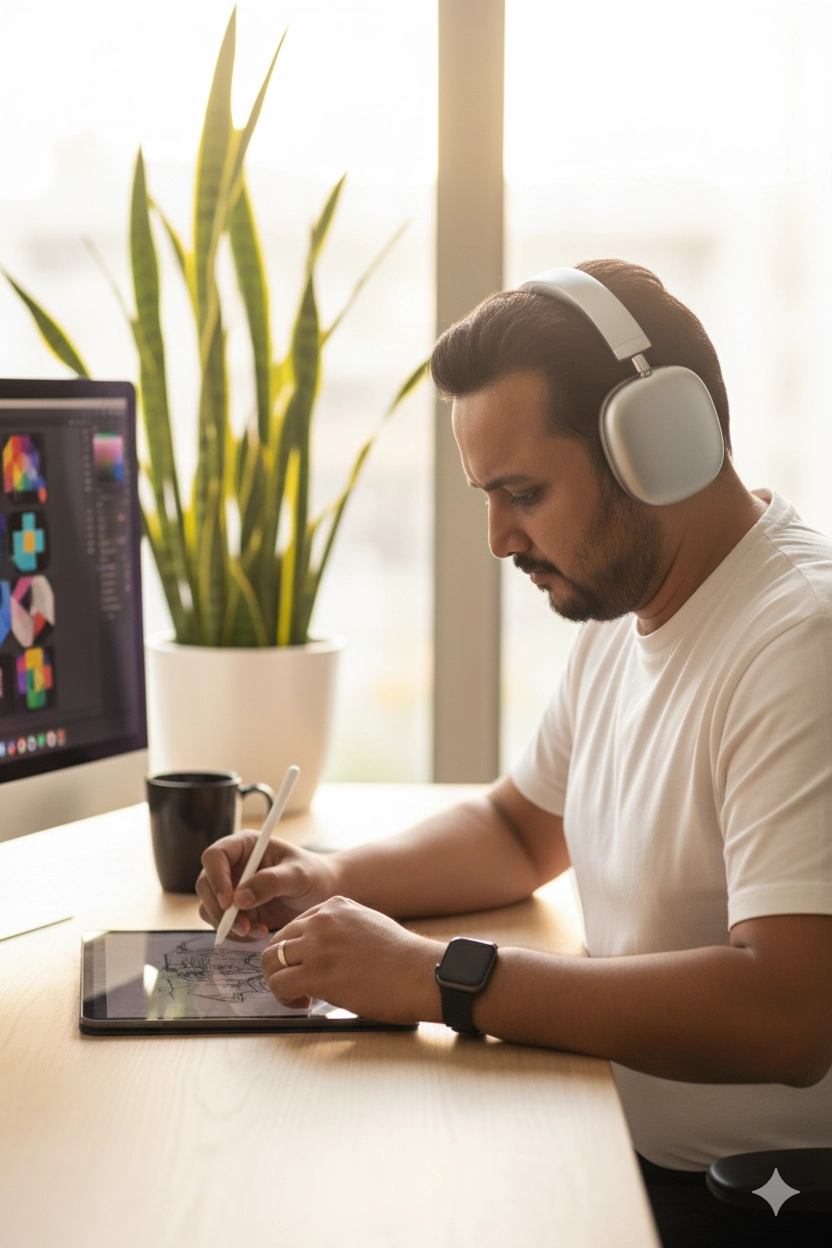Мужчина в AirPods Max работает за iPad за столом