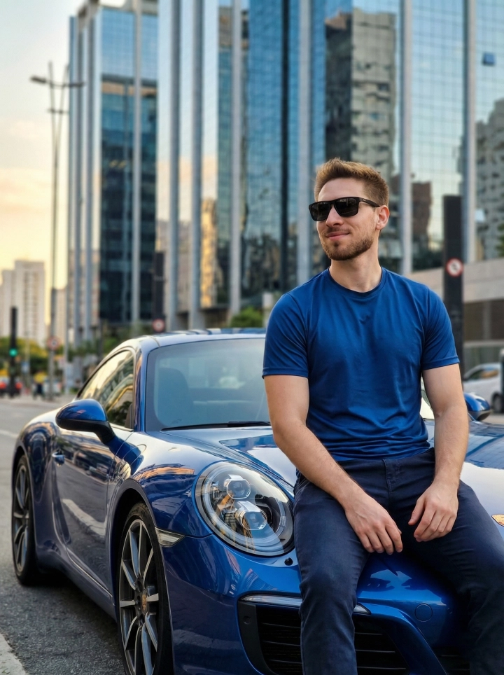 Стильный человек на капоте синего Porsche в городской среде