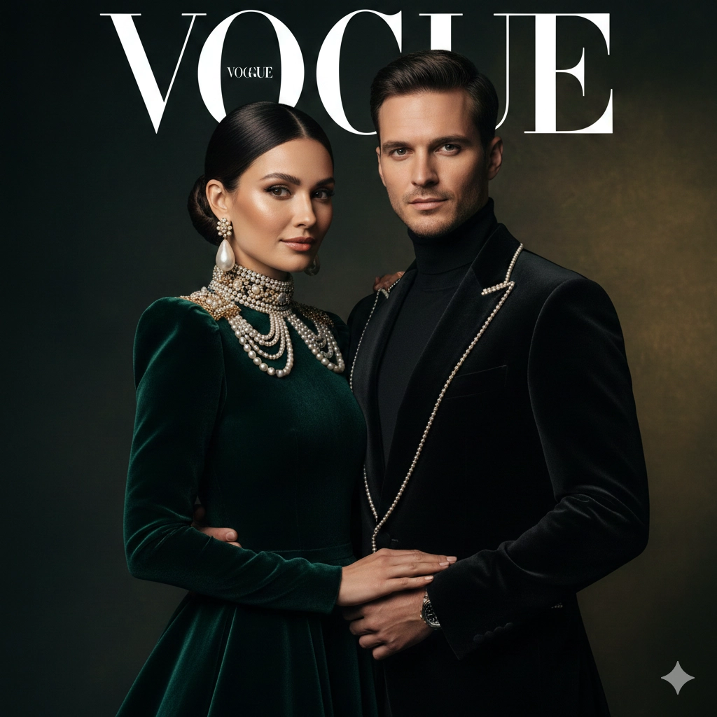 Пара в стиле Vogue с жемчугом и бархатом