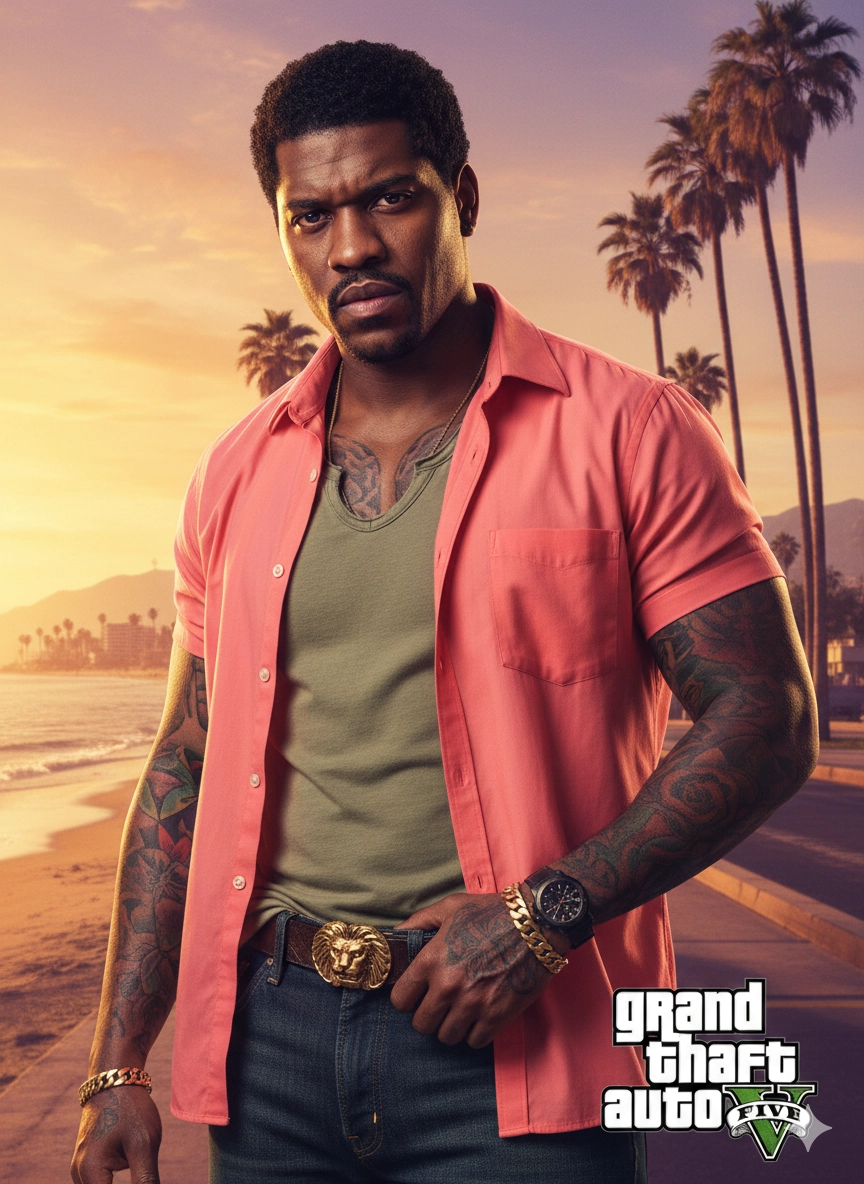 Татуированный мужчина в стиле GTA на пляже