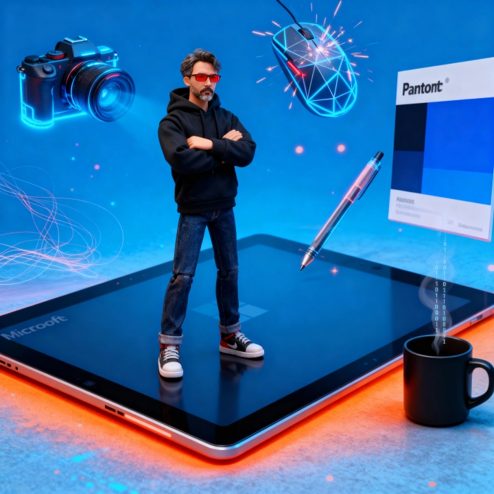 Мужчина-кукла на планшете Microsoft Surface в киберпанк-стиле