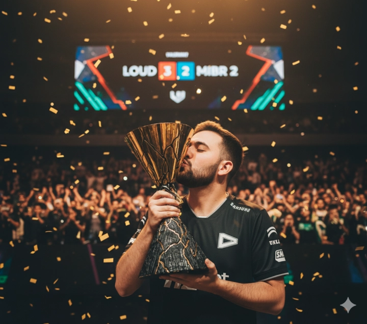 Игрок LOUD целует трофей VCT Champions