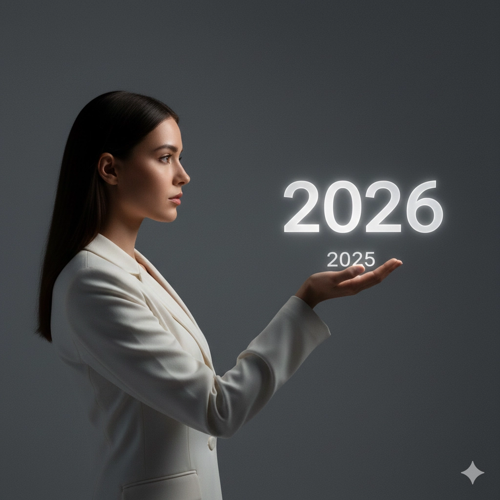 Женщина с цифрами 2025 и 2026 на фоне