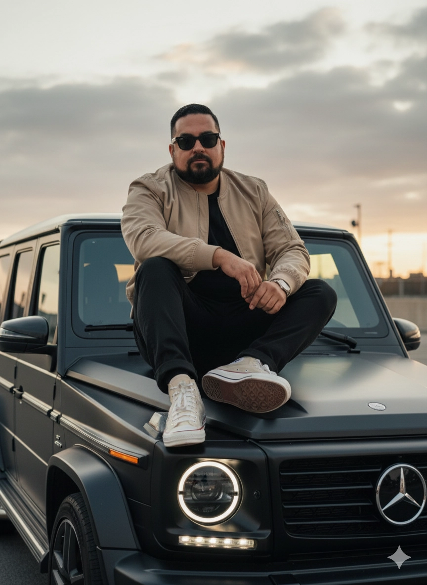 Мужчина на крыше чёрного Mercedes-AMG G63