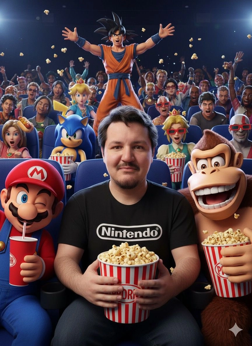 Мужчина в чёрной футболке Nintendo с попкорном между Марио и Донки Конгом в тёмном кинотеатре