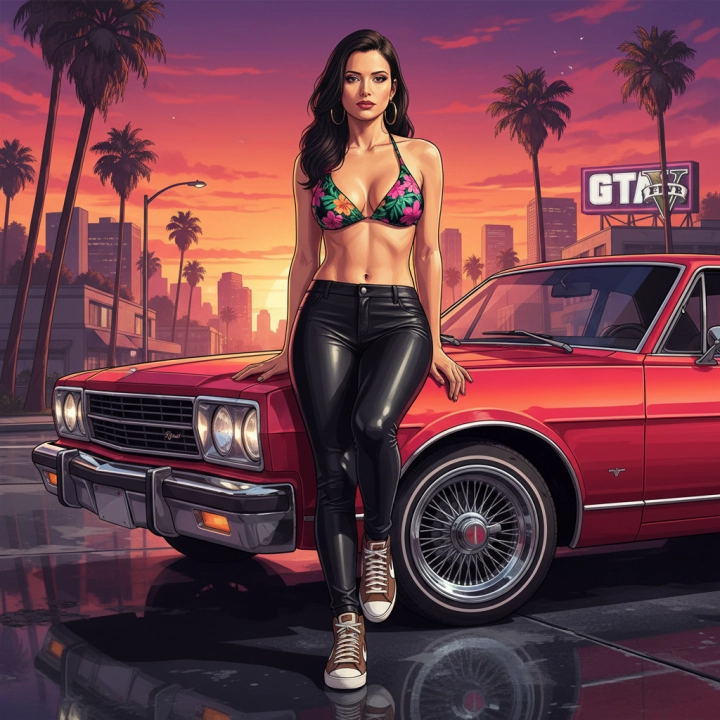 Женщина-гангстер в стиле GTA V с черными кожаными брюками и цветочным бикини