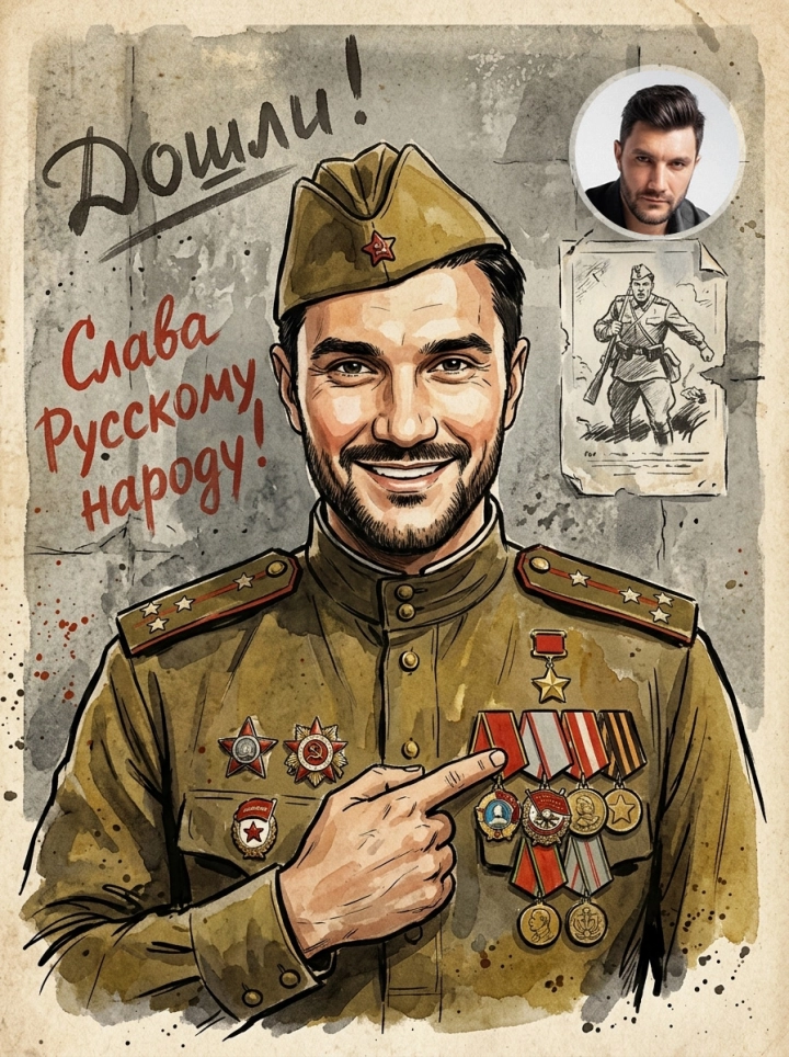 Плакат мужчины Советский офицер/солдат. Стиль напоминает эскизы к советским плакатам