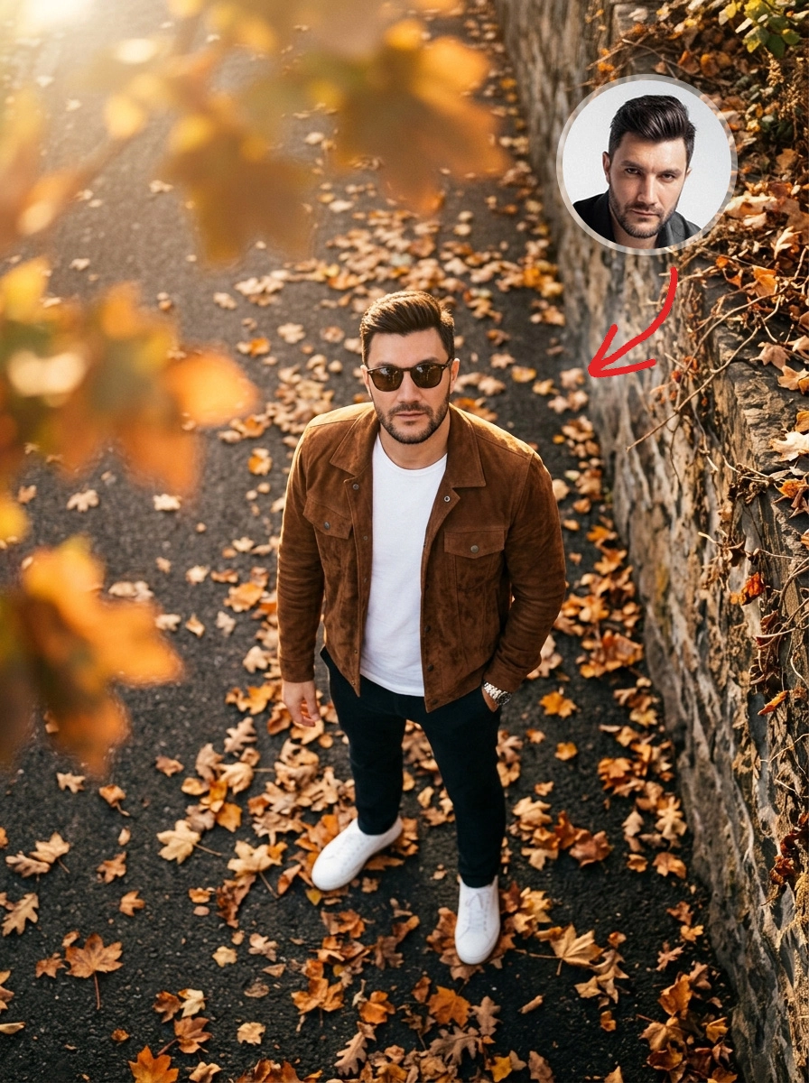 Lifestyle-фотография высокого ракурса осеннего мужчины