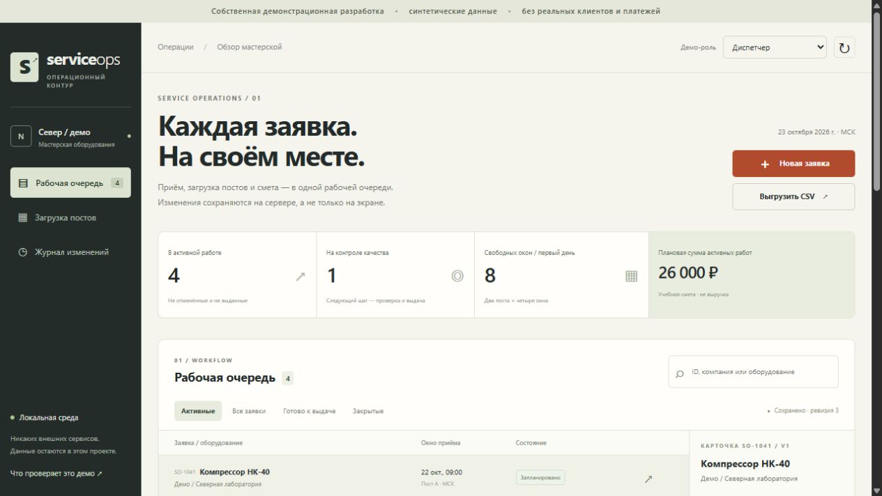 ServiceOps &mdash; запись и рабочая очередь мастерской (демопроект)